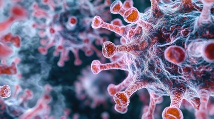 Poster - Detailed close-up of a virus structure, showcasing intricate designs and vibrant colors representing microscopic life.