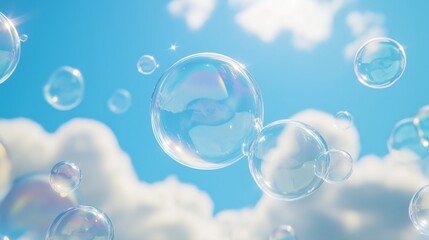 close-up of soap bubbles floating over a fluffy, cloud-like surface against a bright blue sky with a