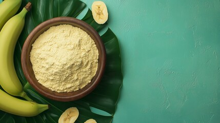 Wall Mural - Banana fruit flour on brown wooden bowl and some fruits for baking, gluten free copy space