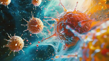Poster - Vibrant microscopic view of viruses and cells in a colorful, abstract space, showcasing the complexity of cellular structures.