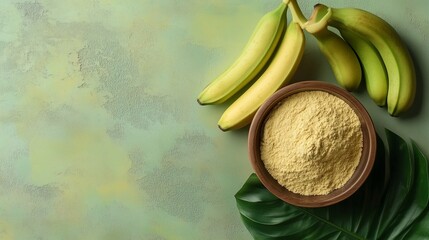 Wall Mural - Banana fruit flour on brown wooden bowl and some fruits for baking, gluten free copy space