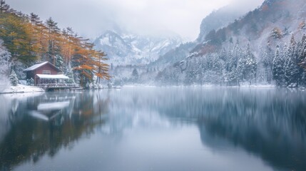 Canvas Print - Serene Winter Landscape with a Cabin by the Lake