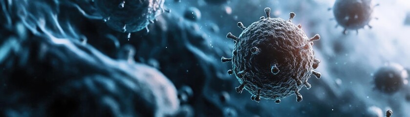 Poster - Close-up view of a virus in a microscopic environment, showcasing intricate details and textures in a blue-toned background.