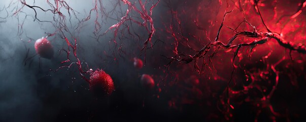 Poster - A dramatic abstract illustration of blood vessels, showcasing vibrant red elements intertwined in a dark, mysterious background.