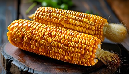 Wall Mural - Vibrant yellow corn displayed on rustic wooden surface, highlighting natural textures and colors for culinary and harvest inspirations