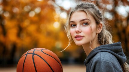 Wall Mural - Young Woman with Basketball in Autumn Park