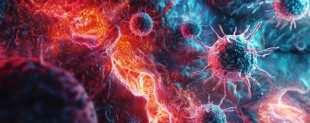 Poster - Abstract representation of microscopic cells, showcasing vibrant colors and intricate details, ideal for scientific and educational use.