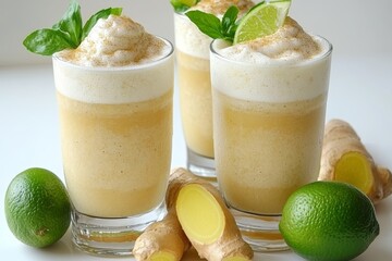 Wall Mural - Three Glasses of Refreshing Ginger Beer with Fresh Lime and Ginger Root on White Background