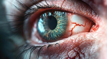 Poster - Close-up of a human eye with vivid colors and detailed textures, showcasing intricate patterns and striking red veins.