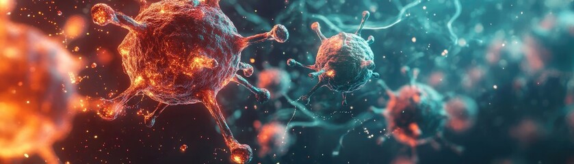 Poster - Colorful illustration of virus particles in a scientific setting, showcasing their complexity and microscopic details.