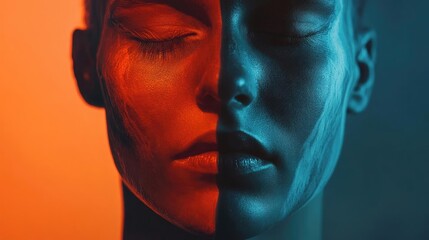 Poster - Striking portrait showcasing a face divided by vibrant colors, symbolizing contrasting emotions and artistic expression.