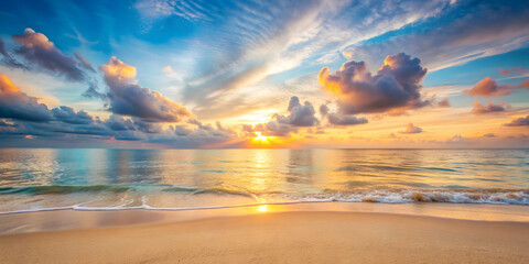 Wall Mural - Soft sand sea and blur tropical beach with beautiful sunset sky and cloud abstract background, beach, sand, sea, tropical, sunset