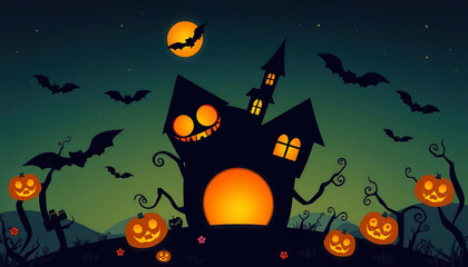 A Halloween themed poster with bats flying in the sky and pumpkins on the ground