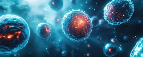 Poster - Close-up view of glowing cells in a dark environment, showcasing vibrant colors and intricate details of microscopic life.