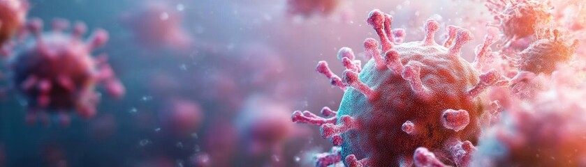Poster - A detailed microscopic view of a virus, showcasing intricate structures and vibrant colors, highlighting its complexity and menace.