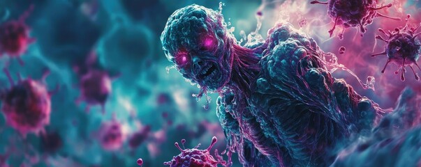 Poster - An eerie digital art piece showcasing a monstrous figure surrounded by vibrant virus cells, exploring themes of infection and science.