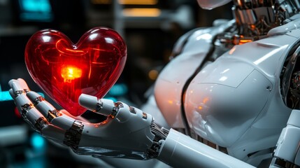 Poster - robot holding glowing heart symbol of ais growing emotional intelligence and empathy