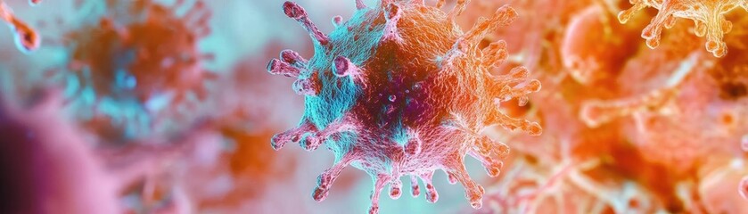 Poster - Colorful illustration of virus structures, showcasing unique shapes and textures in a microscopic view of microbiological elements.
