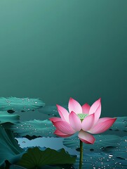 Sticker - A single pink lotus flower blossoms above a bed of green lily pads, with a soft teal background.