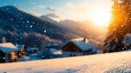 A snowy village nestled in the mountains during a gentle snowfall