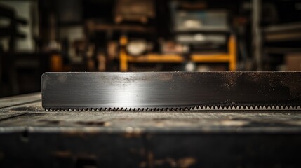 Poster - Close-up of a handsaw in a warehouse, emphasizing the metallic texture and gleam of the blade under harsh lighting. No logos or people, clear focal point on the teeth.