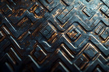 Poster - Close-up of a textured, metallic surface with raised geometric patterns and intricate details, reflecting light and showing signs of wear.