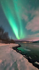 Wall Mural - the northern lights at the night sky with vibrant hues of green, purple glowing