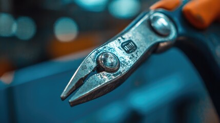 Poster - Close-up of a pair of pliers in a warehouse, emphasizing the metallic texture and reflective sheen under harsh lighting. No logos or people, with a distinct focal point.