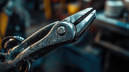 Poster - Close-up of a pair of pliers in a warehouse, emphasizing the metallic texture and reflective sheen under harsh lighting. No logos or people, with a distinct focal point.