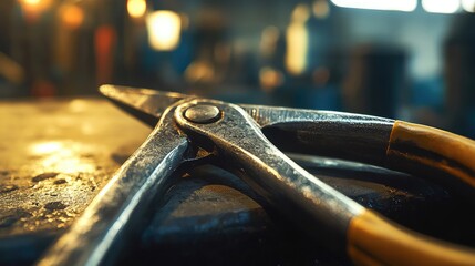 Poster - Close-up of a pair of pliers in a warehouse, focusing on the textured metal and gleam under industrial lighting. No logos or people present, with a clear focal point.