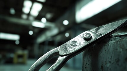 Poster - Close-up of a pair of pliers in a warehouse, focusing on the textured metal and gleam under industrial lighting. No logos or people present, with a clear focal point.