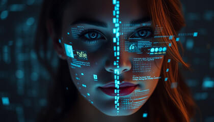 close-up image of a woman's face, with integration of a digital code in front of her face