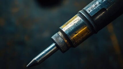 Close-up of an industrial screwdriver in a warehouse, the metal's texture and gleam highlighted by focused lighting. No logos or people present.