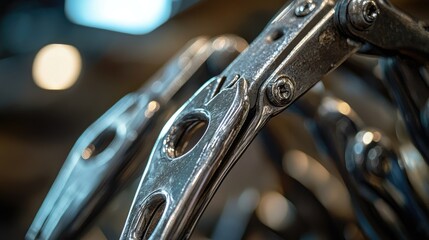 Close-up of industrial pliers in a warehouse, the metal's texture and reflective sheen emphasized by focused lighting. No logos or people visible.