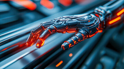 Poster - Futuristic Robotic Hand with Glowing Red Lights and Advanced Technology