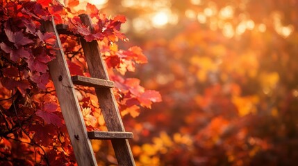 Poster - Vibrant Autumn Foliage and Wooden Ladder in the Warm Glow of the Sunset