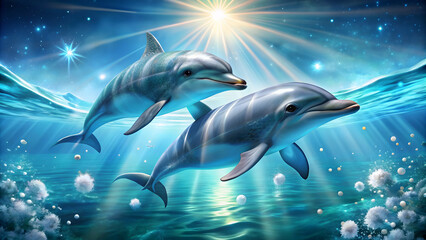 Cute dolphins playfully swimming in the sparkling sea , marine life, dolphins, underwater, ocean