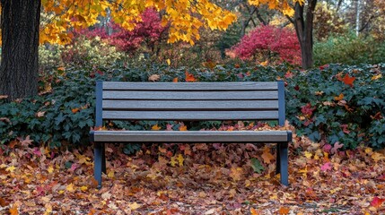 Poster - Autumn Serenity - A Peaceful Park Bench in a Vibrant Fall Landscape