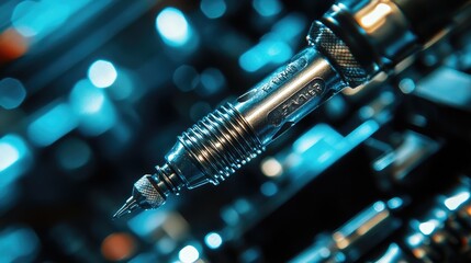 Poster - Screwdriver in a warehouse, close-up showing the smooth metal surface reflecting under bright industrial lights. No logos, no people visible.