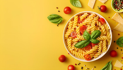 Tasty pasta with tomato, cheese and basil on yellow table, top view