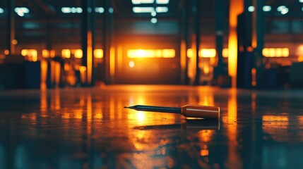 Poster - Screwdriver in a warehouse, close-up showing the smooth metal surface reflecting under bright industrial lights. No logos, no people visible.