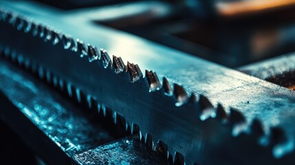 Poster - Warehouse handsaw close-up, showcasing the metallic surface and sharp teeth under bright industrial lighting. No logos or people visible, focus on the cutting edge.