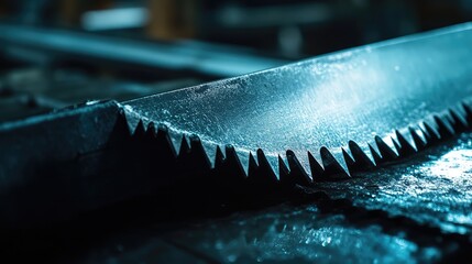Poster - Warehouse handsaw close-up, showcasing the metallic surface and sharp teeth under bright industrial lighting. No logos or people visible, focus on the cutting edge.
