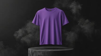 Sticker - Blank Violet T-Shirt Mockup on Dark Background with Smoke, 3D Rendering. Trendy Clothes Template