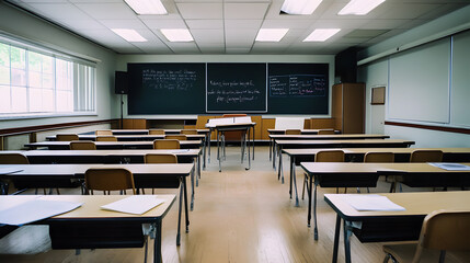 Wall Mural - Empty classroom with rows of wooden desks and chairs neatly arranged