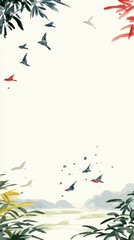 Poster - Watercolor Painting of Birds Flying Over Mountains and Water