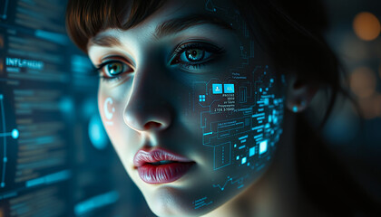 close-up of a woman's face, with a digital code integrated in front of her face