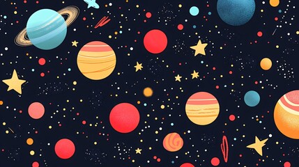 A colorful and whimsical illustration of planets, stars, and other celestial bodies in a dark blue space background.