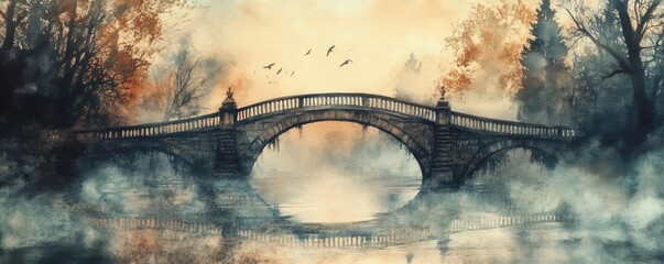 Aufkleber - A serene watercolor depiction of a bridge surrounded by mist and autumn foliage, evoking a sense of tranquility and nostalgia.