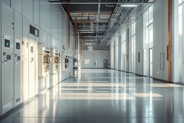 Modern industrial interior with electrical panels in spacious facility